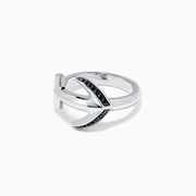 Men’s Sterling Silver and Black Sapphire Anchor Ring, 0.14 TCW, features small black sapphires on one side and is beautifully displayed on a white background.