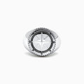 The Mens Sterling Silver Compass Ring showcases a detailed star at the center and engraved directional markers (N, E, S, W) around the edge. Its striking design is highlighted against a plain white background.