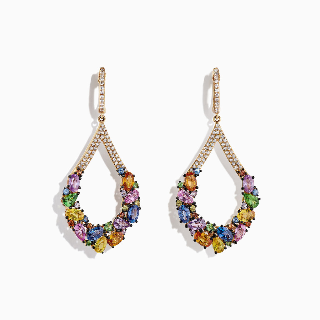 Watercolors 14K Yellow Gold Sapphire and Diamond Earrings, 7.56 CW, feature teardrop shapes with multicolored sapphires and small diamonds on the curves and hooks, shown against a white background.