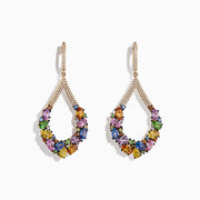 Watercolors 14K Yellow Gold Sapphire and Diamond Earrings, 7.56 CW, feature teardrop shapes with multicolored sapphires and small diamonds on the curves and hooks, shown against a white background.