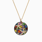 The Watercolors 14K Yellow Gold Multi Sapphire & Diamond Pendant (5.71 TCW) features an intricate round design with sapphires and diamonds in abstract floral and leaf patterns, set on a classic gold chain.