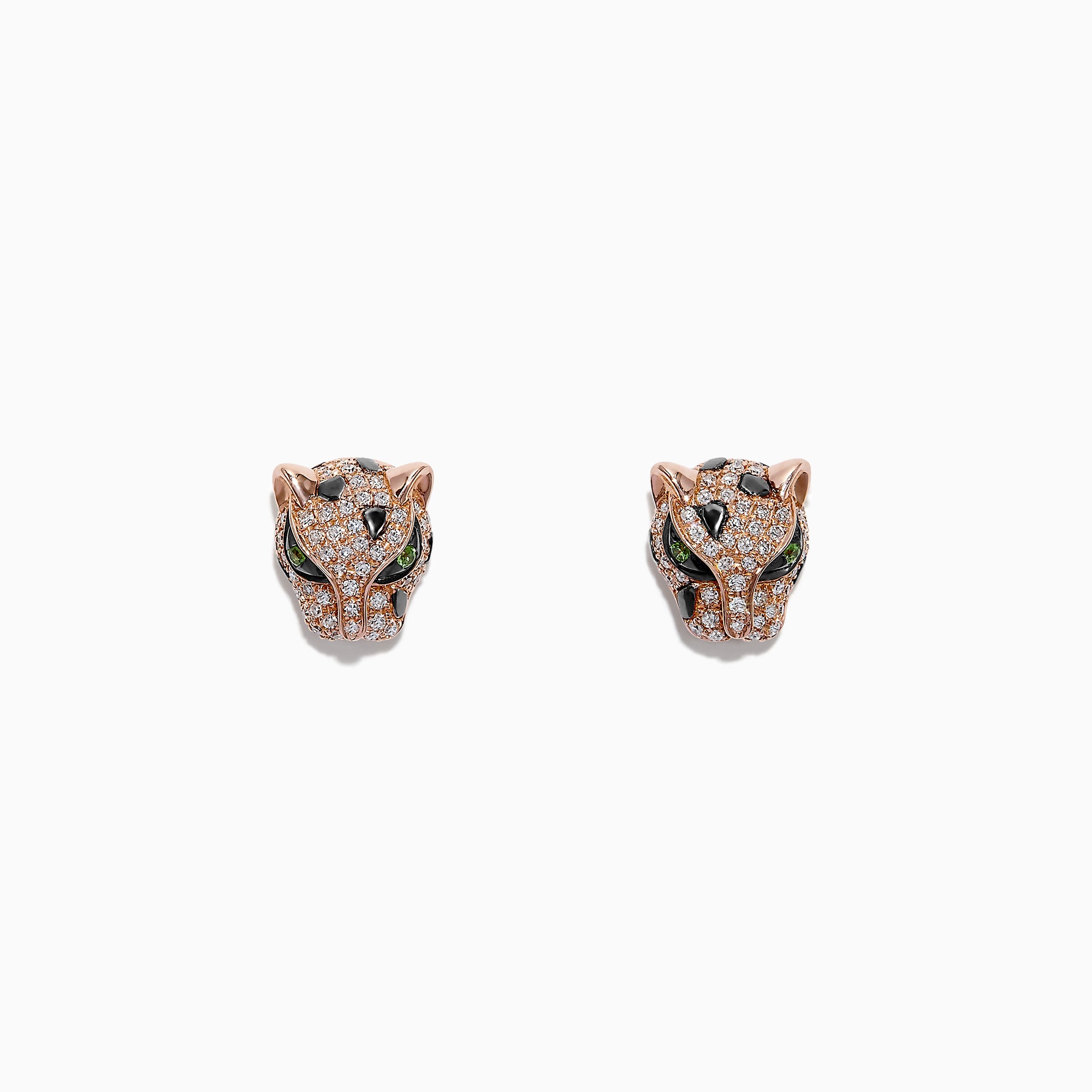 The Signature 14K Rose Gold Diamond and Tsavorite Stud Earrings (0.49 TCW) feature panther-shaped studs with diamond gemstones and vivid green tsavorite eyes, shown on a plain white background.