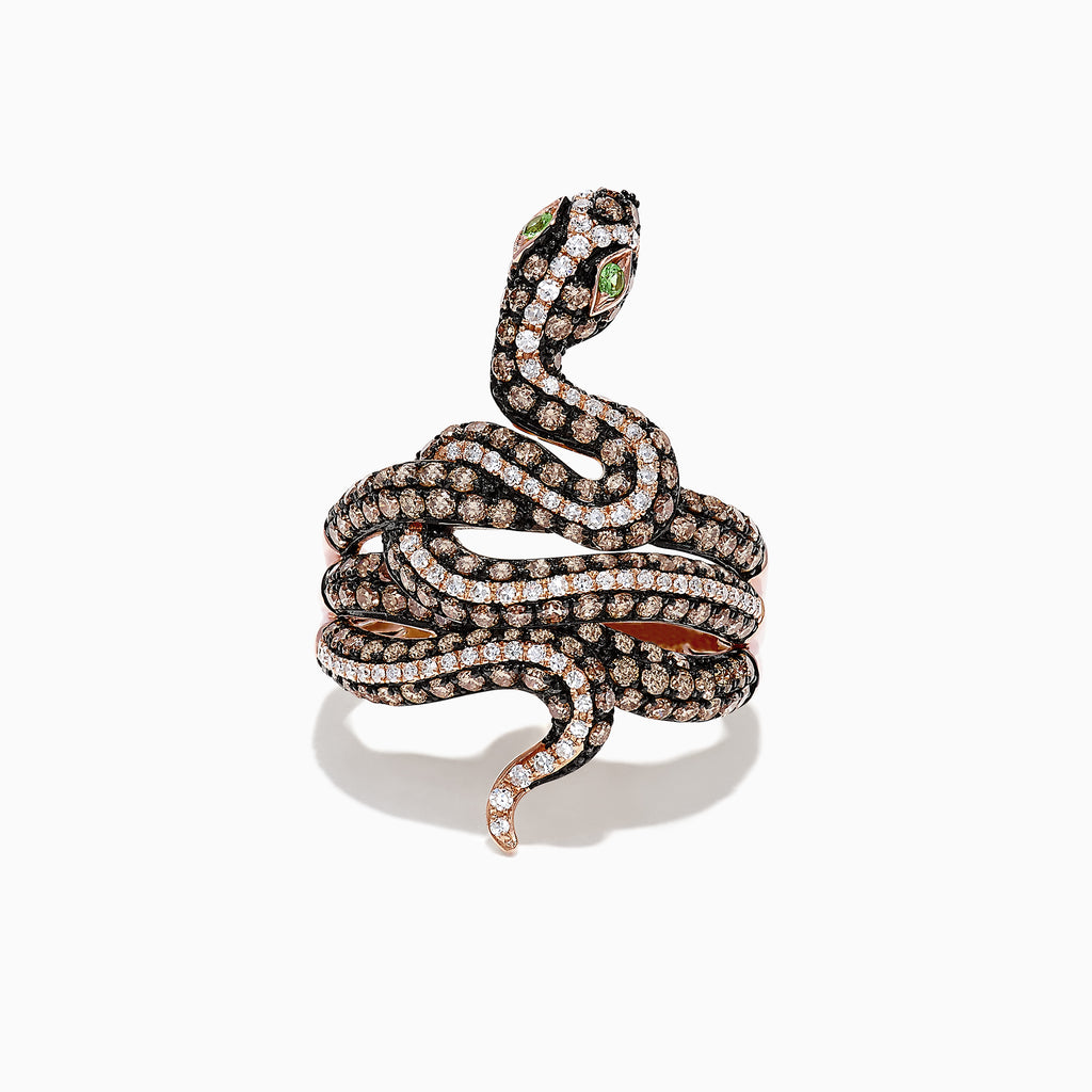 The Safari 14K Rose Gold Brown and White Diamond Snake Ring features 1.85 TCW glittering diamonds, lifelike snake coils, and striking detail, making a bold statement on any hand.