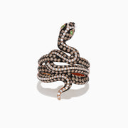 The Safari 14K Rose Gold Brown and White Diamond Snake Ring features 1.85 TCW glittering diamonds, lifelike snake coils, and striking detail, making a bold statement on any hand.