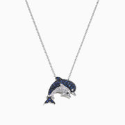 The Seaside 14K White Gold Sapphire & Diamond Dolphins Pendant (0.71 TCW) features sapphire-blue and diamond-clear stones in a dolphin design, displayed on a white background.