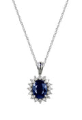 The Royalty 14K White Gold Blue Sapphire and Diamond Pendant features an oval blue sapphire, surrounded by a halo of diamonds (2.29 TCW) in a sophisticated white gold setting.