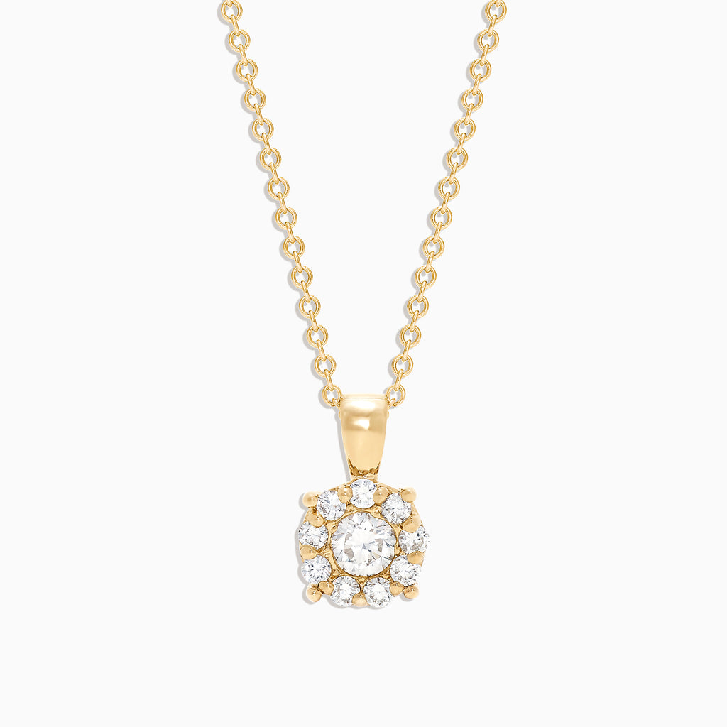 Bouquet 14K Yellow Gold Diamond Cluster Pendant, 0.47 TCW, features a central diamond surrounded by smaller diamonds in a floral design on a gold chain, set against a white background.