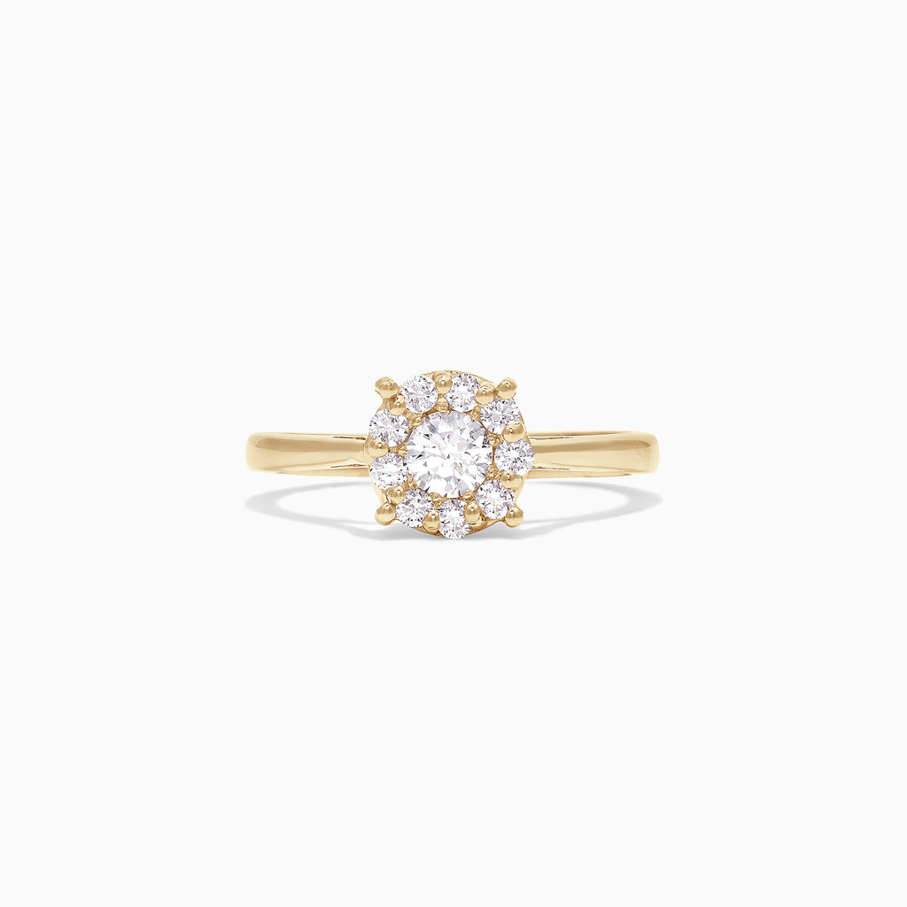 The Bouquet 14K Yellow Gold Diamond Cluster Ring, 0.51 TCW, showcases a round cluster of sparkling diamonds set in yellow gold, elegantly presented on a plain white background.
