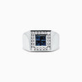 The Mens 14K White Gold Sapphire and Diamond Ring, 1.69 TCW, features a square cluster of four blue sapphires framed by sparkling diamonds on a wide, polished band.