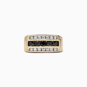 Mens 14K Yellow Gold Black and White Diamond Ring, 1.67 TCW, features a rectangular design with a central row of black stones framed by two rows of white diamonds for a bold, elegant look.