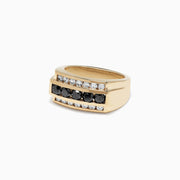 Mens 14K Yellow Gold Black and White Diamond Ring, 1.67 TCW, features a rectangular design with a central row of black stones framed by two rows of white diamonds for a bold, elegant look.