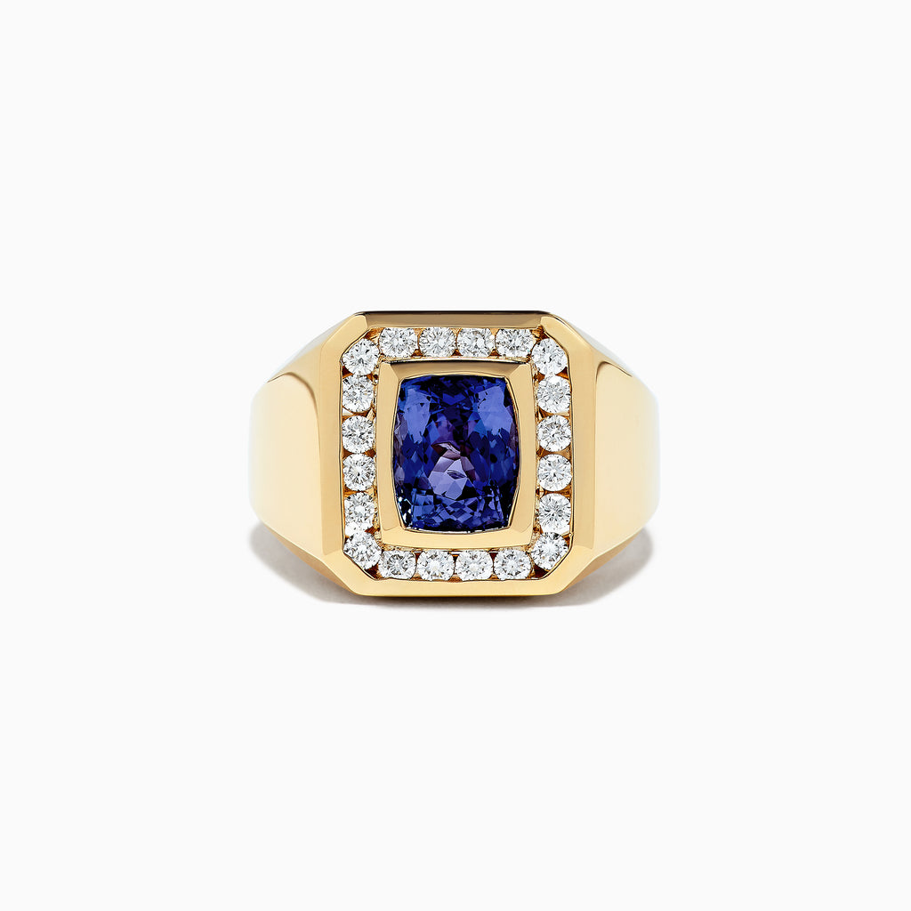 Mens 14K Yellow Gold Ring featuring a square deep blue tanzanite at the center, framed by sparkling round diamonds. Total carat weight: 4.20 TCW.