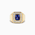 Mens 14K Yellow Gold Ring featuring a square deep blue tanzanite at the center, framed by sparkling round diamonds. Total carat weight: 4.20 TCW.