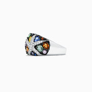 The Watercolors 14K White Gold Multi Sapphire and Diamond Ring, 3.75 TCW, features two starfish shapes set with blue, green, yellow, orange, and purple sapphires in a vibrant design against white gold.
