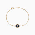 Novelty 14K Yellow Gold Sapphire & Diamond Evil Eye Bracelet, 0.43 TCW, features an eye-shaped charm with blue sapphire and diamonds, finished with a secure lobster clasp.