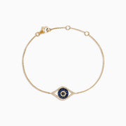 Novelty 14K Yellow Gold Sapphire & Diamond Evil Eye Bracelet, 0.43 TCW, features an eye-shaped charm with blue sapphire and diamonds, finished with a secure lobster clasp.
