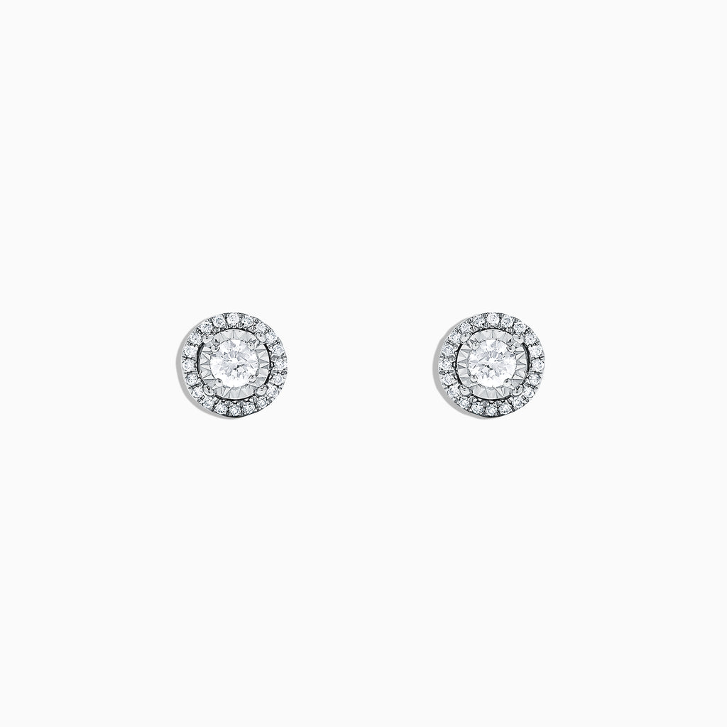 A pair of Pave Classica 14K White Gold Diamond Halo Stud Earrings, 0.35 TCW, featuring a central round stone surrounded by a diamond halo, is displayed on a plain white background.