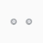 A pair of Pave Classica 14K White Gold Diamond Halo Stud Earrings, 0.35 TCW, featuring a central round stone surrounded by a diamond halo, is displayed on a plain white background.