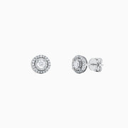 A pair of Pave Classica 14K White Gold Diamond Halo Stud Earrings, 0.35 TCW, featuring a central round stone surrounded by a diamond halo, is displayed on a plain white background.