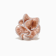 The Pave Rose 14K Rose Gold Diamond Flower Ring, 0.90 TCW, features intricately detailed petals sparkling with diamonds, inspired by Effy Pave and set against a plain white background.