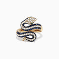 The Safari 14K Yellow Gold Blue Sapphire and Diamond Snake Ring, 1.49 TW, features a coiled serpent design with white and blue sapphires, green gemstone eyes, and is set against a plain white background.