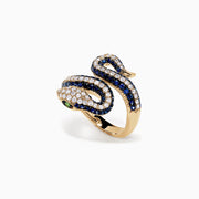 The Safari 14K Yellow Gold Blue Sapphire and Diamond Snake Ring, 1.49 TW, features a coiled serpent design with white and blue sapphires, green gemstone eyes, and is set against a plain white background.
