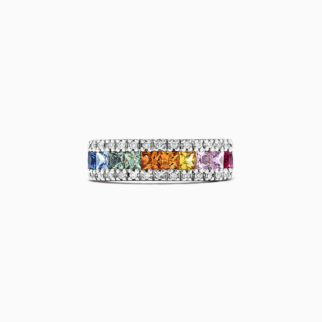 The Watercolors 14K White Gold Sapphire & Diamond Ring, 1.46 TCW, displays a row of square rainbow sapphires bordered by two rows of sparkling diamonds.