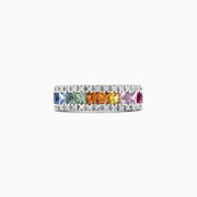The Watercolors 14K White Gold Sapphire & Diamond Ring, 1.46 TCW, displays a row of square rainbow sapphires bordered by two rows of sparkling diamonds.