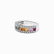 The Watercolors 14K White Gold Sapphire & Diamond Ring, 1.46 TCW, displays a row of square rainbow sapphires bordered by two rows of sparkling diamonds.