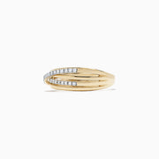 The DOro 14K Yellow Gold Diamond Crossover Band, 0.29 TCW, features overlapping bands—some polished gold, others set with sparkling white diamonds—beautifully displayed on a white background.
