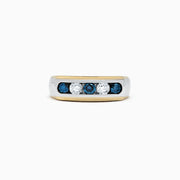 This Mens 14K Two-Tone Gold Blue and White Diamond Ring, 0.98 TCW, features five gemstones—two white diamonds at the center and three blue stones—set in a sleek channel design.