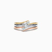 The Trio 14K Tri Color Gold Diamond Ring, 0.32 TCW, features gold, silver, and rose gold bands with a central round diamond on each band, set against a white background.