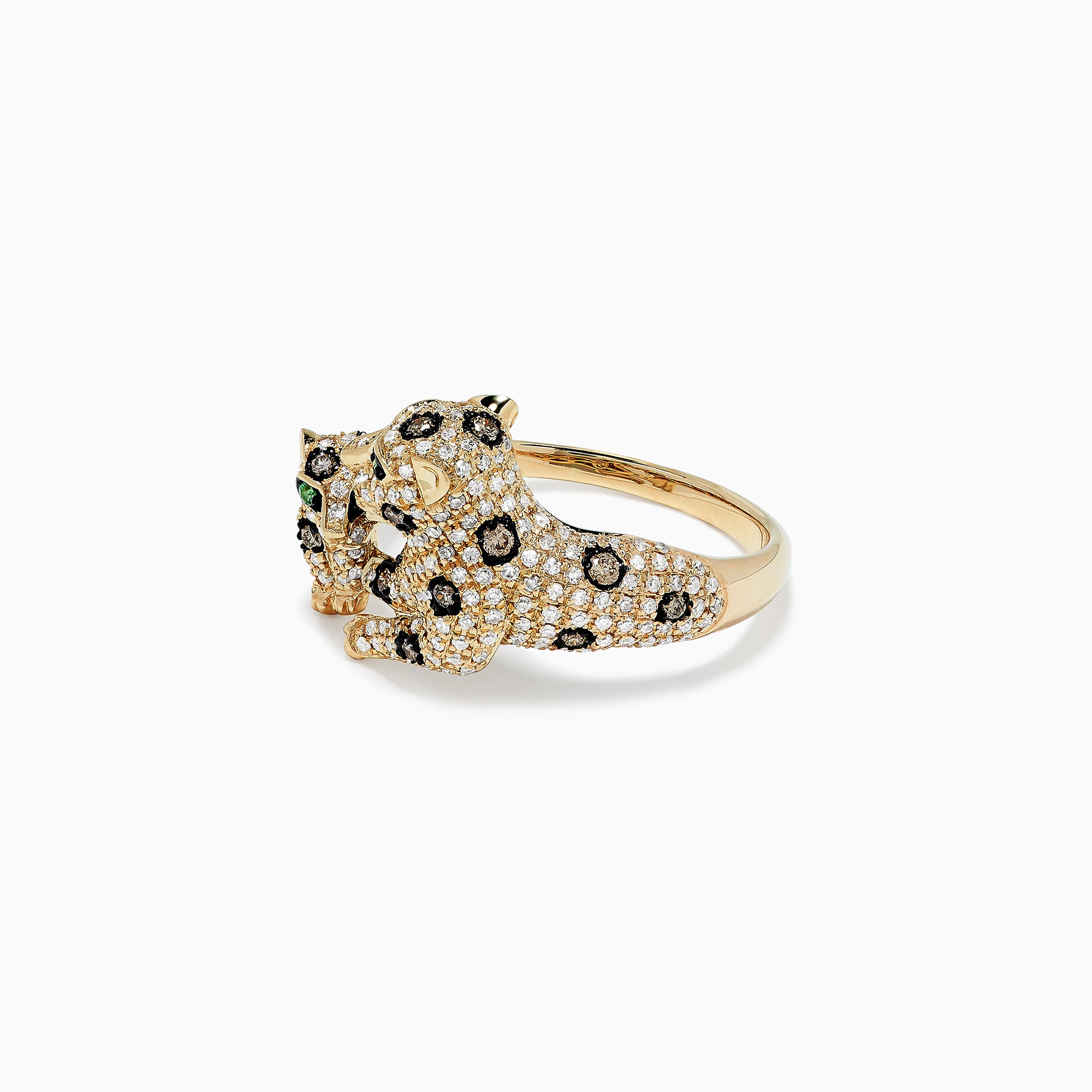The Signature 14K Yellow Gold Diamond Double Panther Ring, 1.01 TCW, features two diamond-encrusted panthers with green gemstone eyes and yellow gold accents, playfully posed together on a white background.