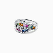 The Watercolors 14K White Gold Multi Sapphire and Diamond Ring, 1.95 TCW, features two intertwined bands set with rainbow-hued square-cut sapphires and bordered by rows of sparkling round diamonds.