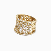 The DOro 14K Yellow Gold Diamond Maze Ring, 0.79 TCW, showcases a wide geometric openwork band fully encrusted with sparkling white diamonds on a plain white background.
