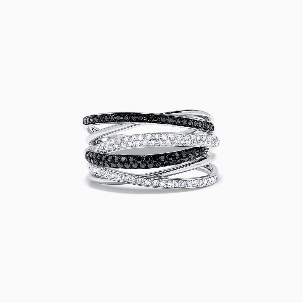 An elegant 14K White Gold Black and White Diamond Ring, 0.56 TCW, featuring multi-band silver with alternating gemstone rows in a stunning intertwined design.