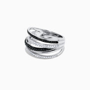 An elegant 14K White Gold Black and White Diamond Ring, 0.56 TCW, featuring multi-band silver with alternating gemstone rows in a stunning intertwined design.