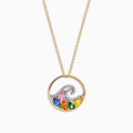 The Watercolors 14K Gold Multi Sapphire Diamond Wave Pendant (1.63 TCW) features a circular wave design accented with vibrant pink, blue, green, orange, and yellow sapphires for a colorful, gemstone-inspired look.