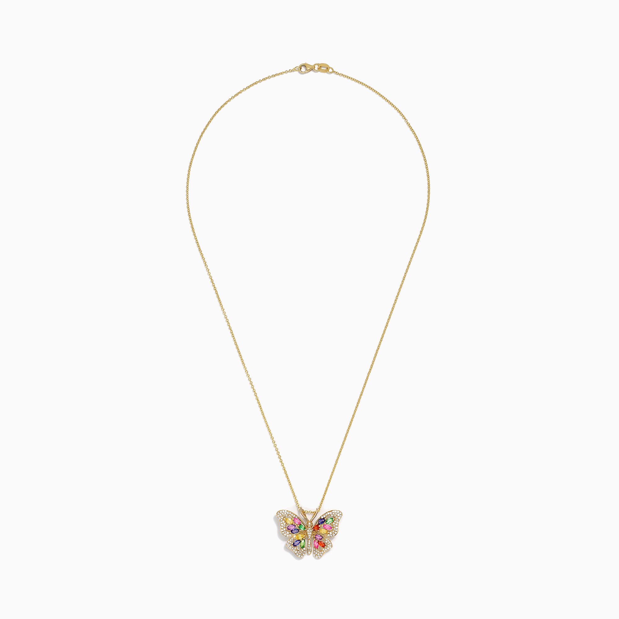 The Watercolors 14K Gold Sapphire & Diamond Butterfly Pendant, 2.34 TCW, features colorful sapphires in blue, green, yellow, pink, red, and purple with sparkling diamonds set along the butterfly wings.