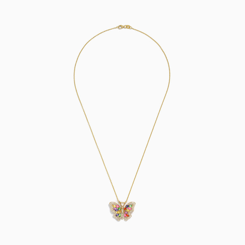 The Watercolors 14K Gold Sapphire & Diamond Butterfly Pendant, 2.34 TCW, features colorful sapphires in blue, green, yellow, pink, red, and purple with sparkling diamonds set along the butterfly wings.