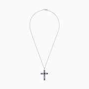 A 14K gold cross pendant, named Watercolors, features multi-colored sapphires and diamonds totaling 2.63 TCW, arranged in a vibrant grid pattern of blue, red, green, orange, and pink stones.