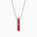 The Ruby Royale 14K Yellow Gold Pendant features a vertical rectangular design with princess cut rubies (1.17 TCW) set in the center, bordered by white diamonds, on a gold chain necklace.