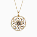 Effy 14K Yellow Gold Espresso and White Diamond Pendant, 1.43 TCW, features a large round medallion with intricate filigree, adorned with sparkling white and brown diamonds.