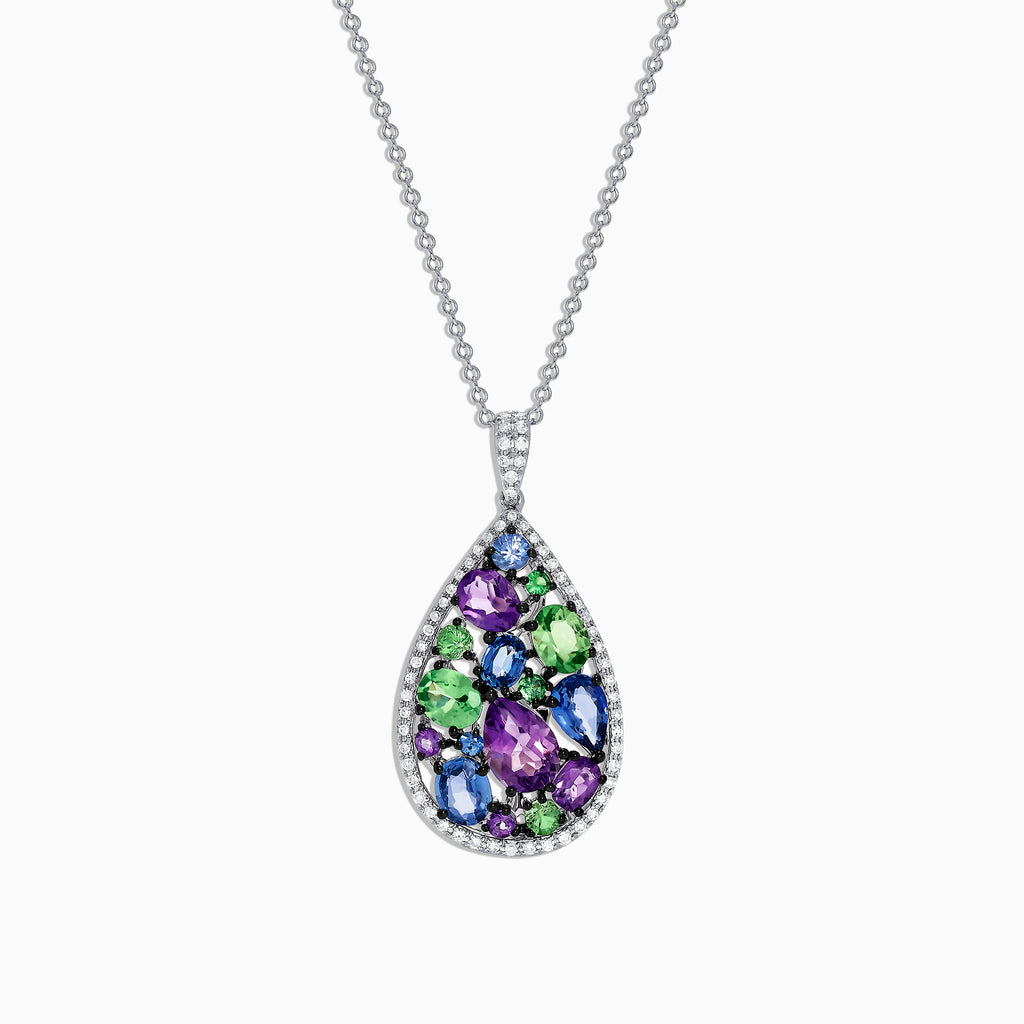 The Watercolors 14K White Gold Multi Sapphire & Tsavorite Diamond Pendant features a teardrop design in purple, green, and blue hues with diamond accents, totaling 3.62 carats.