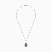 The Watercolors 14K White Gold Multi Sapphire & Tsavorite Diamond Pendant features a teardrop design in purple, green, and blue hues with diamond accents, totaling 3.62 carats.