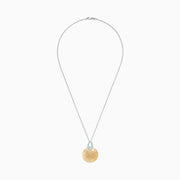 The Duo 14K Two Tone Gold Diamond Pendant, 0.21 TCW, features a large brushed gold pendant with a diamond-studded silver bail on a delicate silver chain, beautifully displayed against a white background.