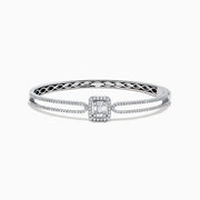The Classique 14K White Gold Diamond Bangle (0.93 TCW) features a central rectangular emerald-cut diamond accented by smaller diamonds and double rows of pavé diamonds along the band.