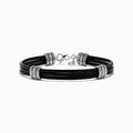 The Mens 925 Sterling Silver and Leather Bracelet features black leather bands, sterling silver-tone accents, decorative silver rings, and a secure lobster clasp—a stylish accessory for any occasion.