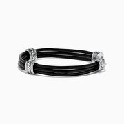 The Mens 925 Sterling Silver and Leather Bracelet features black leather bands, sterling silver-tone accents, decorative silver rings, and a secure lobster clasp—a stylish accessory for any occasion.