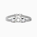 The Signature Sterling Silver Diamond and Tsavorite Panther Bracelet, 0.16 TCW, features a woven chain, two polished panther head clasps facing each other, and a circular diamond-studded link for an elegant statement look.